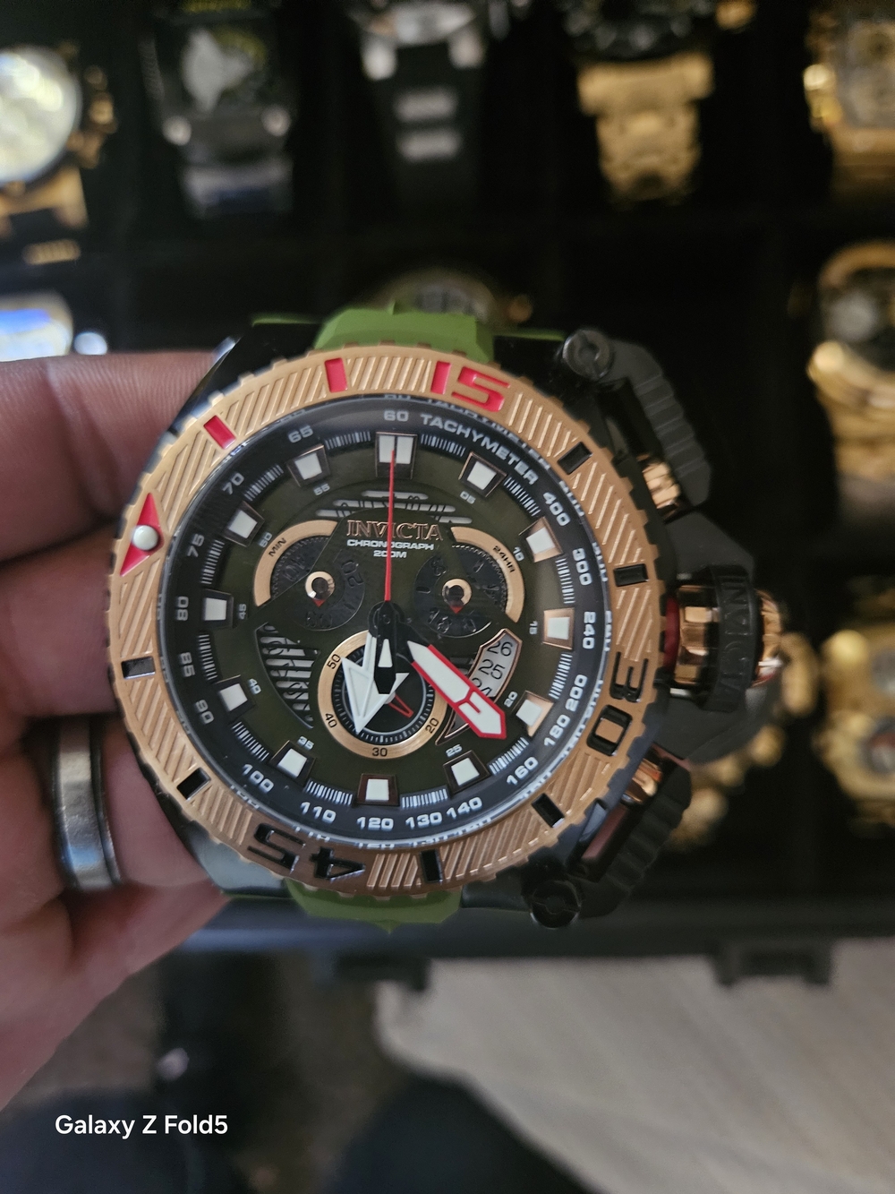 Invicta Sea Hunter Men's Green Strap Chronograph Watch with Rose Gold Bezel 54mm